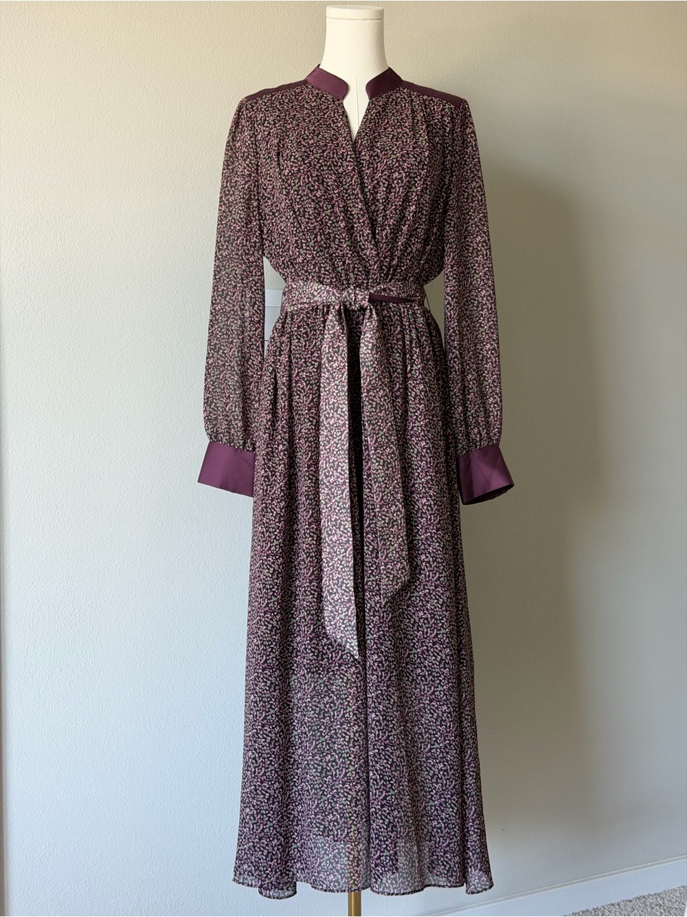 Mexcoco Chiffon Maxi Dresss Deep Plum Floral Sheer Hem - XL/ Fits Like L